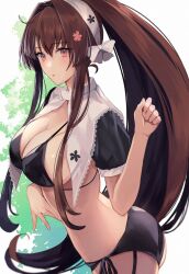 Rule 34 | 1girl, alternate costume, ass, bikini, black bikini, breasts, brown eyes, brown hair, cherry blossoms, cleavage, flower, from side, hair between eyes, hair flower, hair ornament, hairband, hand up, high ponytail, highres, kantai collection, kasumi (skchkko), large breasts, long hair, looking at viewer, maid, maid bikini, open mouth, short sleeves, shrug (clothing), side-tie bikini bottom, sideboob, simple background, solo, swimsuit, unconventional maid, very long hair, white hairband, yamato (kancolle)