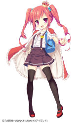 Rule 34 | 1girl, backpack, bag, black thighhighs, cape, character request, child, crown, daibouken! yukeyuke osawari island, fang, full body, long hair, mary janes, name tag, ochinsama, official art, pleated skirt, red eyes, red hair, school uniform, shoes, simple background, skirt, solo, suspenders, thighhighs, twintails