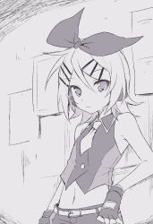 Rule 34 | 1girl, against wall, armpits, bare shoulders, belt, belt buckle, black star (module), bow, buckle, collared shirt, expressionless, fingerless gloves, flat chest, flyer, gloves, greyscale, hair bow, hair ornament, hairclip, headphones, headset, highres, kagamine rin, kodoku no hate (vocaloid), looking at viewer, midriff, monochrome, navel, necktie, serious, shirt, short hair, short necktie, shorts, sketch, skinny, sleeveless, sleeveless shirt, solo, sudachi (calendar), swept bangs, tsurime, vocaloid