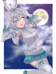 Rule 34 | 1girl, animal ears, bare shoulders, bennu cellist64, blue eyes, blue sky, bow, commentary request, detached sleeves, frilled skirt, frilled sleeves, frills, full moon, gloves, hair bow, heterochromia, kemono friends, kemono friends 3, moon, pleated skirt, rabbit ears, rabbit girl, rabbit pose, rabbit tail, shirt, short hair, skirt, sky, solo, tail, thighhighs, tsukuyomi shinshi (kemono friends), white gloves, white hair, white shirt, white sleeves, white thighhighs, yellow eyes, zettai ryouiki