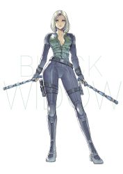 Rule 34 | 1girl, absurdres, ammunition pouch, armor, avengers (series), baton, belt, black widow, blonde hair, bodysuit, breasts, cleavage, closed mouth, collarbone, devonpan, dual wielding, fingerless gloves, from below, gloves, green eyes, highres, holding, holding weapon, large breasts, marvel, open bodysuit, open clothes, pouch, short hair, skin tight, solo, standing, thigh strap, unzipped, utility belt, weapon