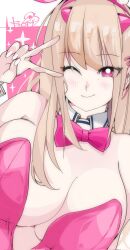 Rule 34 | 1girl, animal ears, blush, bow, bowtie, breasts, cleavage, closed mouth, detached collar, fake animal ears, goddess of victory: nikke, highres, horns, kinakomochi (user vedc2333), large breasts, leotard, light brown hair, long hair, looking at viewer, mole, mole under eye, official alternate costume, one eye closed, pink bow, pink bowtie, pink eyes, pink horns, pink leotard, playboy bunny, rabbit ears, signature, smile, solo, strapless, strapless leotard, upper body, v, viper (nikke), viper (toxic rabbit) (nikke), wrist cuffs