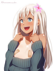 Rule 34 | 10s, 1girl, :d, bandaid, bandaids on nipples, blue eyes, blush, breasts, clothes pull, eyebrows, eyelashes, flower, hair flower, hair ornament, kantai collection, kurowan, long hair, long sleeves, looking away, no bra, one-piece tan, open mouth, pasties, pink flower, ro-500 (kancolle), silver hair, simple background, small breasts, smile, solo, sweater, sweater pull, tan, tanline, twitter username, upper body, white background