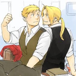 Rule 34 | 2boys, alphonse elric, back-to-back, blonde hair, book, brothers, clenched hand, coat, edward elric, formal, fullmetal alchemist, long hair, long sleeves, looking at another, male focus, multiple boys, nore (boosuke), ponytail, shirt, short hair, siblings, smile, waistcoat, white shirt, yellow eyes