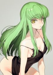 Rule 34 | 1girl, ass, bare arms, bare shoulders, bottomless, breasts, c.c., camisole, cleavage, closed mouth, code geass, collarbone, creayus, green hair, grey background, hair ornament, long hair, looking at viewer, medium breasts, simple background, solo, straight hair, strap slip, underwear, underwear only, yellow eyes