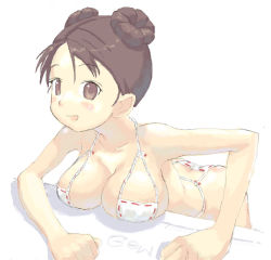 Rule 34 | 1girl, ass, bent over, bikini, breast rest, breasts, brown eyes, brown hair, butt crack, character request, cleavage, copyright request, double bun, doughnut hair bun, hair bun, halterneck, large breasts, leaning forward, matching hair/eyes, short hair, simple background, solo, swimsuit, tougetsu gou, white background, white bikini