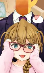 Rule 34 | 1girl, absurdres, aqua eyes, baba konomi, blush, braid, brown hair, close-up, commentary request, couch, d-tomoyo, formal, glasses, hair over eyes, highres, idolmaster, idolmaster million live!, long hair, long sleeves, looking at viewer, necktie, p-head producer, pink sweater, producer (idolmaster), shirt, single braid, sleeves past wrists, suit, sweater, tongue, tongue out, white shirt