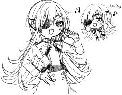 Rule 34 | 1girl, :d, blush, chibi, chibi inset, dress, eyepatch, flat chest, gloves, goddess of victory: nikke, greyscale, guillotine (nikke), half gloves, long hair, looking at viewer, military uniform, monochrome, musical note, open mouth, pout, sketch, smile, solo, tu pa pa pa, uniform