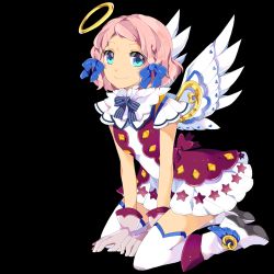 Rule 34 | 1girl, blue eyes, bow, bowtie, braid, character request, copyright request, dress, frilled dress, frills, full body, gloves, hair bow, halo, highres, medium hair, non-web source, pink hair, solo, source request, transparent background, wings