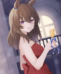Rule 34 | ahoge, animal ears, bare shoulders, brown hair, cup, dress, drinking glass, dutch angle, from side, hair between eyes, highres, holding, holding cup, horse ears, horse girl, long hair, looking at viewer, looking to the side, nakayama festa (umamusume), nakichi n, official alternate costume, purple eyes, red dress, sleeveless, sleeveless dress, umamusume, upper body