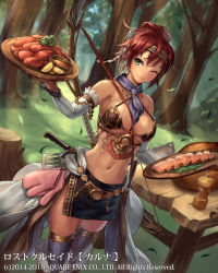 Rule 34 | 1girl, armor, bikini armor, bow (weapon), breasts, copyright name, cuboon, food, green eyes, jewelry, large breasts, lost crusade, meat, navel, necklace, official art, one eye closed, red hair, sauce, short hair, smile, solo, weapon