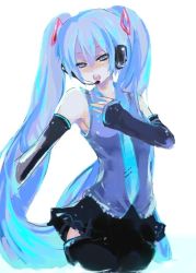 Rule 34 | 1girl, bad id, bad pixiv id, blue eyes, blue hair, blue theme, detached sleeves, hatsune miku, headset, hiro (pixiv), long hair, matching hair/eyes, miniskirt, open mouth, simple background, skirt, solo, thighhighs, twintails, vocaloid