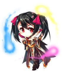 Rule 34 | 1girl, black cape, black hair, blush, bow, brown pants, cape, chibi, closed mouth, coat, commission, cosplay, dota (series), dota 2, double v, full body, hair bow, high collar, highres, invoker (dota), invoker (dota) (cosplay), long hair, love live!, love live! school idol project, magic, nechynn, pants, pink bow, red eyes, second-party source, simple background, smile, solo, transparent background, twintails, v, white coat, yazawa nico