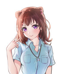 Rule 34 | 1girl, bang dream!, blue shirt, blush, breast pocket, breasts, brown hair, closed mouth, collared shirt, cone hair bun, dress shirt, hair bun, hair ornament, hairclip, head tilt, highres, jewelry, looking at viewer, medium breasts, medium hair, necklace, open collar, pocket, ptal, purple eyes, shirt, short sleeves, simple background, smile, solo, sparkle, star (symbol), star hair ornament, star necklace, toyama kasumi, upper body, v, white background, wing collar
