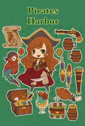 Rule 34 | 1girl, antique firearm, beer mug, bird, black hat, blue eyes, blunderbuss, brooch, brown hair, cerika, chicken (food), chicken leg, crown, cup, diamond (gemstone), english text, firearm, food, green background, grey pants, gun, hat, highres, holding, holding sword, holding weapon, jacket, jewelry, long hair, looking at viewer, mug, open mouth, original, outline, pants, parrot, pirate, pirate hat, red jacket, sandwich, skewer, solo, sword, treasure chest, treasure map, tropical drink, weapon, white outline