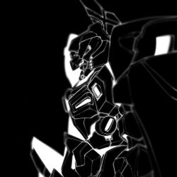 Rule 34 | black background, from side, greyscale, gundam, gundam g no reconguista, highres, kabakali, kuroiwa cookie, looking down, mecha, monochrome, no humans, robot, science fiction, solo, upper body, white eyes