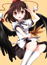 Rule 34 | 1girl, arm up, belt, bird wings, black skirt, blush, brown hair, feather fan, feet out of frame, hair between eyes, hand to forehead, hat, highres, kneehighs, legs together, looking at viewer, open mouth, outstretched arm, puffy short sleeves, puffy sleeves, red eyes, ruu (tksymkw), shameimaru aya, shirt, short hair, short sleeves, simple background, skirt, socks, solo, tokin hat, touhou, untucked shirt, white socks, white shirt, wings, yellow background