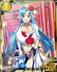 Rule 34 | 10s, 1girl, asuna (sao), asuna (sao-alo), blue eyes, blue hair, bow, breasts, card (medium), cleavage, collarbone, day, flower, hair flower, hair ornament, jewelry, long hair, looking at viewer, matching hair/eyes, medium breasts, necklace, outdoors, pointy ears, red flower, solo, star (symbol), sword art online, torii
