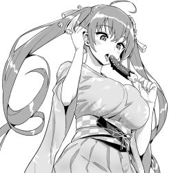 Rule 34 | 1girl, ahoge, azur lane, blush, breasts, chocolate banana, food, greyscale, holding, holding food, honolulu (among the stalls) (azur lane), honolulu (azur lane), hori (hori no su), japanese clothes, kimono, large breasts, long hair, monochrome, open mouth, sexually suggestive, short sleeves, simple background, solo, tongue, tongue out, twintails, white background