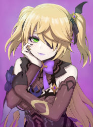 Rule 34 | 1girl, black gloves, blonde hair, bow, breasts, elbow gloves, eyebrows hidden by hair, eyepatch, fischl (genshin impact), genshin impact, gloves, green eyes, highres, long hair, looking to the side, one eye covered, purple background, purple bow, purple lips, small breasts, smile, solo, terumin (yuganda sebone), two side up