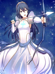 Rule 34 | 1girl, ameno (a meno0), armpits, arrow (projectile), bad id, bad pixiv id, blue eyes, blue hair, bow (weapon), detached sleeves, drawing bow, dress, fire emblem, fire emblem awakening, holding, holding bow (weapon), holding weapon, long hair, lucina (fire emblem), matching hair/eyes, nintendo, open mouth, see-through, solo, weapon, white dress, you&#039;re doing it wrong