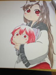 Rule 34 | 2girls, aged down, animal ears, black scarf, blouse, blush stickers, bow, brown hair, closed mouth, disembodied head, grey bow, hair bow, highres, holding, imaizumi kagerou, long hair, long sleeves, looking at viewer, marker (medium), multiple girls, photo (medium), poronegi, red eyes, red hair, scarf, sekibanki, shirt, short hair, smile, touhou, traditional media, very long hair, wide sleeves, wolf ears