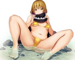 Rule 34 | 1girl, absurdres, ass, bikini, blonde hair, blush, breasts, hat, highres, huge filesize, looking at viewer, lunasa prismriver, medium breasts, multicolored nails, nail polish, navel, partially submerged, short hair, simple background, sitting, small breasts, solo, spread legs, swimsuit, sy4, toenail polish, toenails, touhou, untied bikini, unworn hat, unworn headwear, white background, yellow bikini, yellow eyes, yellow nails