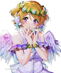 Rule 34 | 1girl, brown hair, closed mouth, fingernails, flower, flower bracelet, green nails, hair between eyes, hair flower, hair ornament, head wreath, highres, koizumi hanayo, light smile, looking at viewer, love live!, love live! school idol project, nail polish, nakano maru, purple eyes, short hair, simple background, smile, solo, twitter username, two side up, upper body, white background, wings