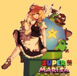Rule 34 | 1girl, apron, artist name, bad id, bad tumblr id, black dress, blonde hair, bob-omb, bobby socks, braid, brown footwear, castle, character request, cloud, collared shirt, dress, feathered wings, freckles, frilled apron, frilled dress, frills, goomba, green eyes, green ribbon, hair ribbon, hand on headwear, hat, head fuse, highres, industrial pipe, kirisame marisa, linmiee, mario (series), mary janes, neck ribbon, nintendo, palm tree, parody, parted lips, pokey (mario), pyramid (structure), red headwear, red ribbon, ribbon, shirt, shoes, short hair, side braid, single braid, smile, socks, star (symbol), super star (mario), super mario 64, title parody, touhou, tree, tress ribbon, tsurime, waist apron, warp pipe, white apron, white shirt, wings, wristband, yellow background