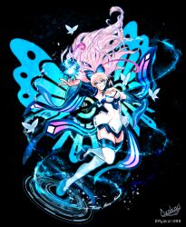 Rule 34 | 1girl, absurdres, antenna hair, artist logo, artist name, artist request, ayakari399, azure striker gunvolt, blonde hair, breasts, bug, butterfly, butterfly hair ornament, cleavage, detached sleeves, dress, energy wings, hair ornament, highres, idol, insect, long hair, looking at viewer, lumen (gunvolt), medium breasts, multicolored hair, outstretched arm, pink hair, thighhighs, twitter username, white dress, white thighhighs