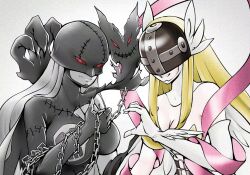 angel angel_girl angewomon demon demon_girl digimon digimon_(creature) fallen_angel head_wings highres ladydevimon long_hair mask wings