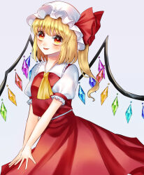 Rule 34 | 1girl, :d, ascot, blonde hair, blush, contrapposto, cowboy shot, crystal, eyebrows hidden by hair, fang, flandre scarlet, frilled shirt collar, frills, grey background, hat, hat ribbon, highres, looking at viewer, medium hair, mob cap, one side up, open mouth, puffy short sleeves, puffy sleeves, red eyes, red skirt, red vest, ribbon, short sleeves, simple background, skirt, smile, solo, touhou, umitan1013, v arms, vest, white hat, wings, yellow ascot