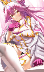 Rule 34 | 1girl, absurdres, animal ear fluff, animal ears, blush, breasts, buttons, cleavage, coat, crossed legs, detached collar, double-breasted, double bun, dress, fang, fate/grand order, fate (series), fox tail, garter straps, gloves, gold trim, hair between eyes, hair bun, hat, highres, koyanskaya (assassin) (third ascension) (fate), koyanskaya (fate), large breasts, long hair, long sleeves, looking at viewer, open clothes, open coat, pink gloves, pink hair, rabbit ears, short dress, sidelocks, sitting, smile, solo, tail, tamamo (fate), thighhighs, thighs, totororo, very long hair, white coat, white dress, white hat, white thighhighs, wide sleeves, yellow eyes
