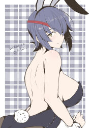Rule 34 | 1girl, animal ears, artist name, back, bare shoulders, black leotard, border, breasts, bunny day, commentary request, dated, eyepatch, fake animal ears, fake tail, highres, kantai collection, large breasts, leotard, looking at viewer, looking back, nape, plaid, plaid background, playboy bunny, short hair, solo, tail, taira yuuki, tenryuu (kancolle), upper body, white border, wrist cuffs
