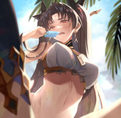 Rule 34 | 1girl, black ribbon, breasts, earrings, fate/grand order, fate (series), food, from below, highres, ishtar (fate), jewelry, kabocha (monkey4), large breasts, long hair, open mouth, popsicle, red eyes, ribbon, solo, sweat, twintails