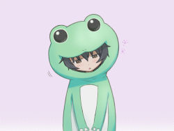 Rule 34 | 10s, 1girl, animal costume, black hair, brown eyes, costume, frog, frog costume, girls und panzer, looking at viewer, messy hair, oniyan, reizei mako, short hair, simple background, sleepy, solo, standing, triangle mouth, white background