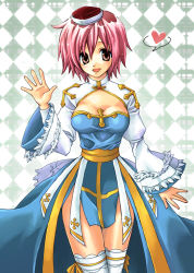 Rule 34 | 1girl, :d, arch bishop (ragnarok online), argyle, argyle background, argyle clothes, biretta, blue dress, blush, breasts, brown hair, cleavage, cleavage cutout, clothing cutout, commentary request, cowboy shot, cross, dress, hair between eyes, heart, kainohito, looking at viewer, medium breasts, open mouth, pink hair, ragnarok online, short hair, smile, solo, spoken heart, thighhighs, two-tone dress, waving, white dress, white thighhighs