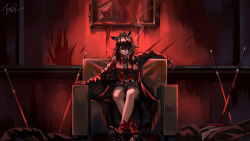 Rule 34 | 1girl, 2others, animal ear fluff, animal ears, arknights, armchair, belt, black coat, black footwear, black hair, black necktie, black shorts, blood, brown eyes, chair, character name, cigarette, coat, collared shirt, dated, full body, hair between eyes, highres, indoors, long hair, long sleeves, looking at viewer, mouth hold, multiple others, necktie, official alternate costume, open clothes, open coat, painting (object), parted lips, planted, planted sword, planted weapon, ponytail, red shirt, red socks, shirt, shorts, signature, sitting, smile, smoke, smoking, socks, solo focus, sword, texas (arknights), texas (willpower) (arknights), weapon, wolf ears, z 05