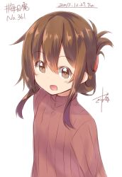 Rule 34 | 1girl, :d, brown eyes, brown hair, dated, folded ponytail, gurande (g-size), hair between eyes, highres, inazuma (kancolle), kantai collection, looking at viewer, open mouth, red sweater, ribbed sweater, signature, simple background, smile, solo, sweater, upper body, white background