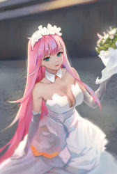 Rule 34 | 1girl, absurdres, alternate costume, arm at side, bare shoulders, blunt bangs, bouquet, breasts, bride, cleavage, closed mouth, collarbone, darling in the franxx, detached collar, dress, elbow gloves, expressionless, flower, gloves, green eyes, hand up, headdress, highres, holding, holding bouquet, large breasts, long dress, long hair, looking at viewer, pat bharasarn, pink hair, red lips, solo, standing, strapless, strapless dress, very long hair, wedding dress, white dress, white gloves, zero two (darling in the franxx)