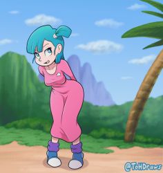 Rule 34 | 1girl, animated, animated gif, aqua hair, artist request, blush, bouncing breasts, breasts, bulma, cleft of venus, curvy, dragon ball, grass, long hair, medium breasts, pussy, shiny skin, shoes, side ponytail, sky, solo, standing, the other half, uncensored