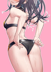 Rule 34 | 1girl, adjusting clothes, adjusting swimsuit, ass, bare arms, bare shoulders, bikini, black bikini, black hair, breasts, commentary request, from behind, head out of frame, long hair, munakata hinano, original, outline, parted lips, pink background, simple background, small breasts, smile, solo, swimsuit, tokuno yuika, wet, white outline