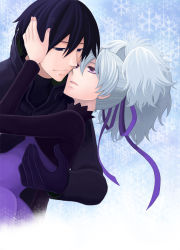 Rule 34 | 108 (ginyirokoubou), 1boy, 1girl, black hair, blue eyes, coat, couple, darker than black, dress, eye contact, gloves, hair ribbon, hand on another&#039;s face, hand on another&#039;s head, hei (darker than black), hetero, holding, imminent kiss, looking at another, ponytail, purple eyes, ribbon, silver hair, snowflakes, tooya (gin&#039;iro koubou), yin (darker than black)