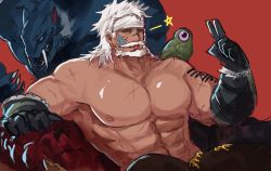 Rule 34 | 1boy, :p, abs, bara, beard, blue eyes, creature, cross scar, dark-skinned male, dark skin, facial hair, facial mark, final fantasy, final fantasy xiv, gloves, headband, highres, hyur, jewelry, large pectorals, long hair, looking at viewer, lyon rem helsos, male focus, mature male, muscular, muscular male, mustache, navel, navel hair, necklace, nipples, old, old man, pectorals, ry mangdung, scar, scar on chest, solo, stomach, tongue, tongue out, tooth necklace, topless male, unfinished, v, white hair