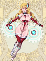 Rule 34 | 1girl, :d, bare shoulders, between breasts, blonde hair, breasts, cleavage, cocytus (wind master), covered navel, cross bikini, crotch strap, dairoku ryouhei, drill hair, elbow gloves, electricity, floating, gear hair ornament, gears, gem, gloves, glowing, gluteal fold, groin, hair between eyes, hair ornament, large breasts, leotard, mechanical legs, no bra, no panties, open mouth, red eyes, red leotard, revealing clothes, roots, shiny skin, smile, solo, teeth, thigh strap, thighhighs, thighs, tree, twintails, upper teeth only, wedgie, yellow background