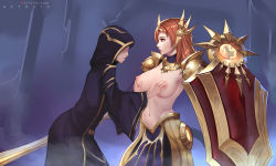 Rule 34 | 1girl, armor, armored dress, aztodio, grabbing another&#039;s breast, breasts, brown eyes, brown hair, commentary, ear protection, english commentary, fog, forehead protector, grabbing, hair ornament, headgear, highres, holding, holding shield, large breasts, league of legends, leona (league of legends), long hair, navel, nipples, pauldrons, robe, shield, shoulder armor, topless, watermark, web address, wide sleeves