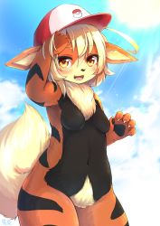Rule 34 | 1girl, arcanine, bad id, bad twitter id, blonde hair, blush, body fur, breasts, brown eyes, claws, creatures (company), day, female focus, furry, furry female, game freak, gen 1 pokemon, hat, highres, nintendo, no nipples, nude, open mouth, outdoors, pokemon, pokemon (creature), shiitakemeshi, short hair, solo