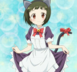 Rule 34 | 1girl, alternate costume, animal ears, blue background, blush, bubble, bubble background, cat bell, cat ears, cat tail, closed mouth, clothes lift, dot nose, fake animal ears, green hair, highres, kin-iro mosaic, lifting own clothes, looking at viewer, maid, medium hair, oomiya shinobu, red eyes, ribbon, skirt, skirt lift, smile, solo, standing, stitched, tail, third-party edit