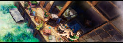 Rule 34 | 1girl, barefoot, brown hair, cat, dutch angle, hand fan, from above, grass, highres, kappa, letterboxed, long image, neyagi, original, plant, popsicle, potted plant, scenery, short hair, sitting, solo, stuffed toy, veranda, wide image