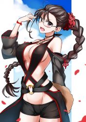 Rule 34 | 1girl, :o, bare shoulders, black eyes, black shorts, blush, braid, breasts, brown hair, choker, cleavage, collarbone, commentary request, cowboy shot, ear piercing, fangs, fate/grand order, fate (series), floating hair, glasses, hair ornament, hair scrunchie, hand up, highres, large breasts, long hair, looking at viewer, navel, open mouth, piercing, red-eyes macadamiachoco, revealing clothes, scrunchie, short shorts, shorts, single braid, solo, stomach, v-shaped eyebrows, very long hair, white-framed eyewear, yu mei-ren (fate), yu mei-ren (festival outfit) (fate)